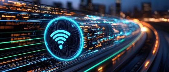 Aufkleber - Futuristic digital motion with a prominent Wi-Fi symbol, representing technology and connectivity in an urban setting.