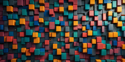 Poster - chromatic cube abstract: an eye-catching artistic display composed of multicolored cube-shaped block