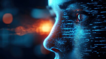 Aufkleber - A futuristic representation of a human face with digital elements, symbolizing technology and artificial intelligence.