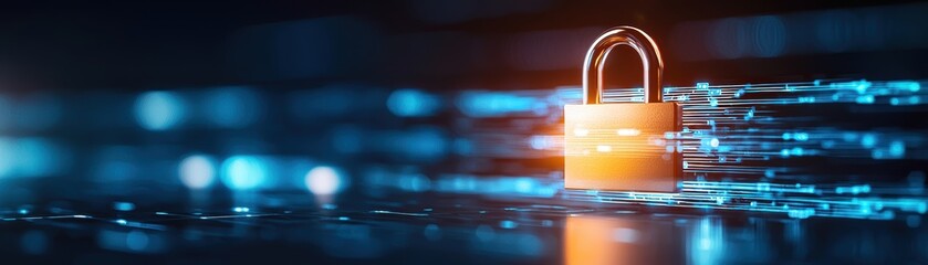 Poster - Digital illustration of a padlock symbolizing security against a backdrop of flowing data streams in blue and orange tones.