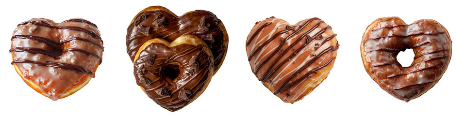 Poster - A heart-shaped chocolate donut, complete with glossy chocolate icing and a dark chocolate drizzle, is depicted in isolation on a transparent background