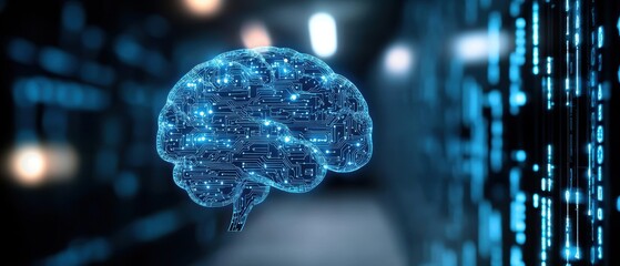 Aufkleber - Digital representation of a brain surrounded by glowing binary code, illustrating concepts of artificial intelligence and technology.
