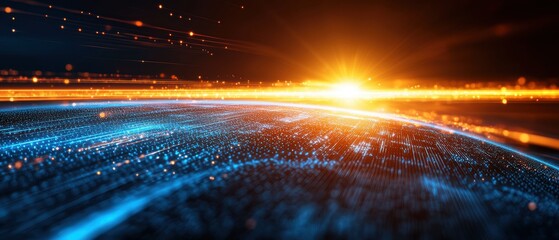 Aufkleber - Radiant sunrise over a digital landscape, with vibrant colors and dynamic lines creating a sense of motion and energy.