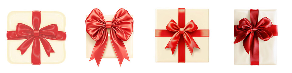 Aufkleber - On a transparent background, an elegant beige gift box is adorned with a luxurious red satin ribbon tied in a perfect bow, suitable for celebrations and holidays