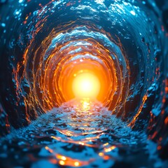 Aufkleber - Light Emerging from a Vibrant Tunnel of Water in Shades of Orange and Blue, Symbolizing Hope and Journey Through Darkness and Into Brilliance