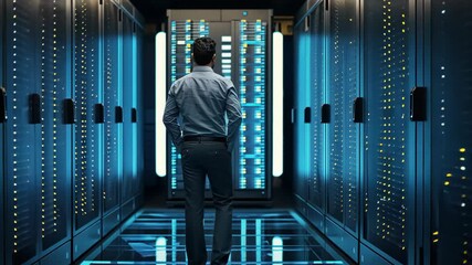 Poster - Individual observes impressive server room featuring advanced technology and vibrant lighting, showcasing modern computing infrastructure