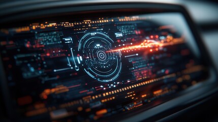 Poster - Close-up of a futuristic digital display with a vibrant orange-red energy beam emerging from a central within a glowing circular interface