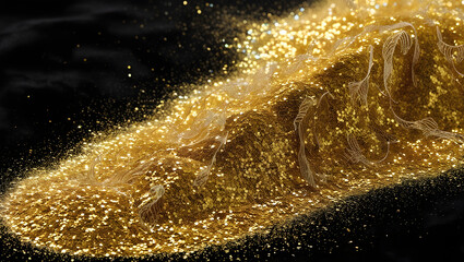 Poster - Shimmering Cascade: A mesmerizing close-up captures the luminous descent of gold glitter, showcasing its texture and reflective properties in an abstract composition.