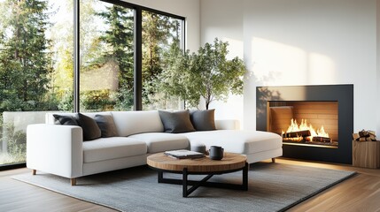Poster - Modern sunlit living room with white sectional sofa, gray pillows, wood metal coffee table, contemporary fireplace, and large for natural light