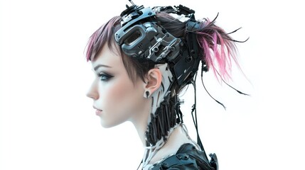 Poster - Futuristic woman with cybernetic enhancements in a minimalist setting