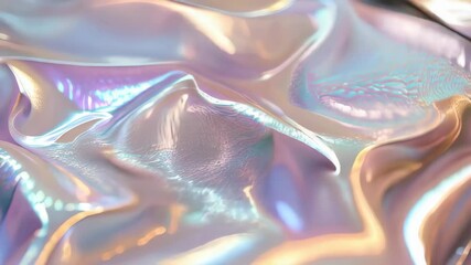 Poster - Shimmering iridescent fabric with an intricate surface catches light, revealing a spectrum of colors and subtle folds, creating a captivating visual effect