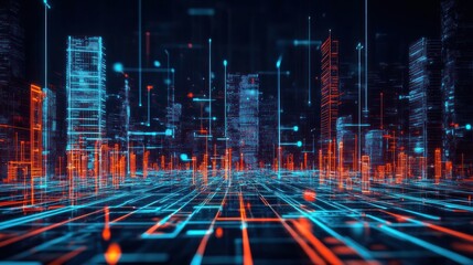 Poster - Futuristic cityscape with glowing skyscrapers and digital gridlines