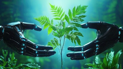 Poster - A concept image of AI and nature blending, with robotic hands nurturing a delicate plant.