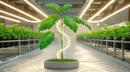 Fototapete - A concept of biotechnology with a holographic DNA model next to an advanced hydroponic plant.