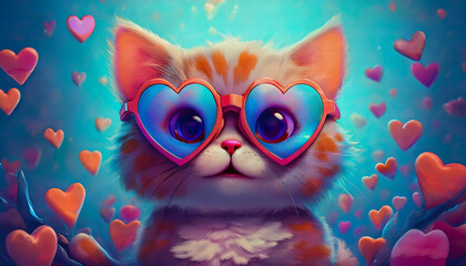  OIL PAINTING STYLE CARTOON CHARACTER CUTE Happy baby cat in Heart Sunglasses