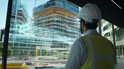Poster - Construction worker analyzing digital blueprints of a modern building site