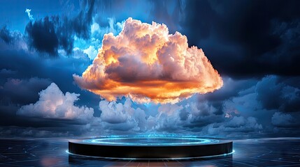 Poster - A floating digital cloud with interconnected data streams and futuristic technology visuals.