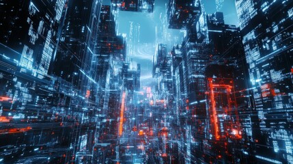 Poster - Futuristic cityscape with glowing skyscrapers and digital elements at night
