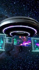 Wall Mural - futuristic spaceship navigates through digital galaxy with neon displays