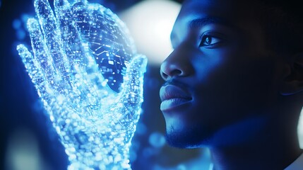 Poster - A businessman holding a floating holographic AI-driven HR recruitment system, streamlining candidate screening and job matching.