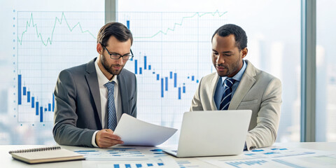 Poster - Professional men discussing financial reports modern office with graphs and charts background, showcasing real, estate