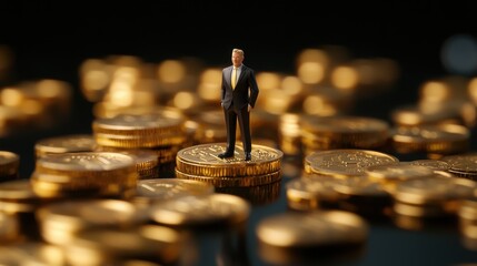 Poster - Miniature executive standing confidently on golden coins, symbolizing economic power, wealth, and investment strategies. Ultra-HD lighting enhances financial success.