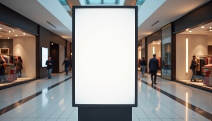 Aufkleber - Minimalist shopping center scene with tall blank billboard in a spacious mall corridor, stylish stores in the background with soft lighting, representing professional and modern advertising space with