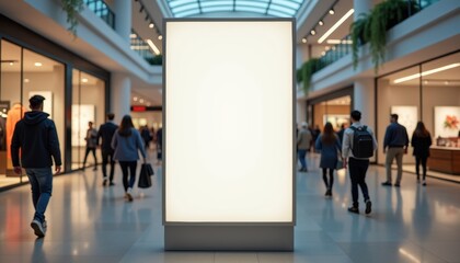 Aufkleber - Blank vertical billboard standing in a modern shopping mall with sleek illumination, surrounded by blurred shoppers and bright storefronts, in a contemporary commercial environment with copy space.