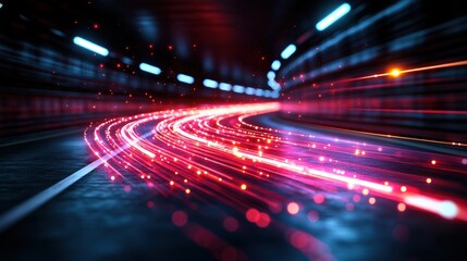 Poster - Abstract digital night illustration of a winding roadway with vibrant red and pink light trails symbolizing speed, technology, and futurism in motion
