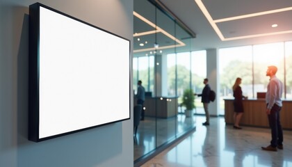 Poster - Blank electronic display in modern photorealistic bank interior