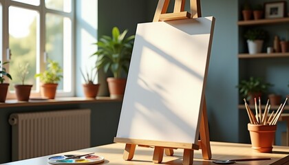 Poster - Blank canvas on easel in sunlit art studio with painting tools