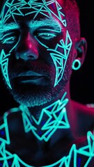 Poster - Neon geometric face paint: uv glow art with focus shift and expression change