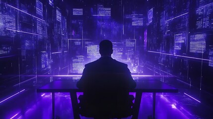 Poster - A businessman surrounded by glowing holographic AI-powered robotic process automation (RPA) workflows, streamlining enterprise operations