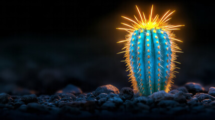 Poster - A high-contrast photograph capturing a turquoise cactus with bold golden spines, with each spine
