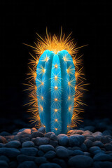 Poster - A naturalistic desert portrait featuring a radiant turquoise cactus, its golden spines glistening