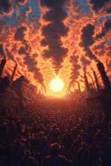 Poster - a sweeping panorama of colossal factories and chimneys, with determined workers marching forward
