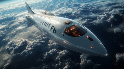 Poster - a sleek spaceplane ascends through the clouds, showcasing cutting edge aerospace engineering and hyp