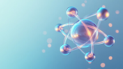 Poster - A futuristic visualization of an atom, with transparent, glass-like orbits casting mirror-like