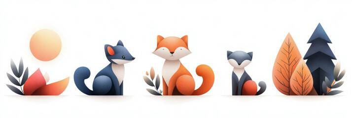 Poster - Family of weasels illustrated in pastel tones, geometric forms delicately interlocked, evoking