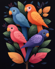 Poster - Gentle pastel illustration of a family of parrots, playful geometric shapes interconnected to