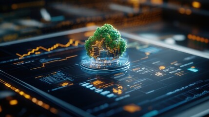 Poster - A Lush Green Tree Encased in a Transparent Orb on a Digital Interface Displaying Complex Data Visualizations Symbolizing Nature and Technology Harmony