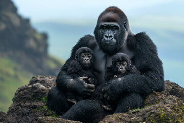 Poster - Powerful photographic depiction of a gorilla family, captured in socialist realism style,