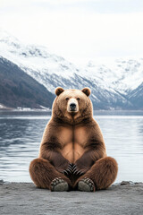 Poster - Portrait photograph in socialist realism style of a solitary grizzly bear, dramatic and symbolic of