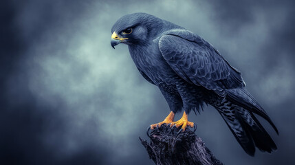 Poster - Photographic portrait in socialist realism style of a solitary falcon perched against stormy skies,