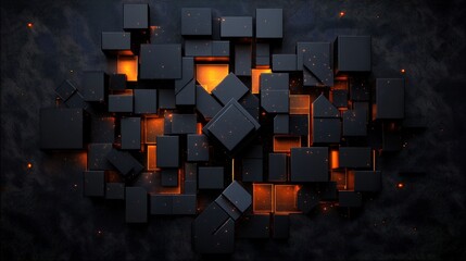 Poster - Chaotic Arrangement of Dark Gray Cubes Illuminated with Warm Orange Light Against Textured Dark Background in Digital Rende Artwork Design
