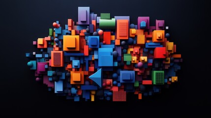 Poster - A Vibrant Cluster of Colorful Geometric Shapes Including Cubes and Rectangular Prisms in Various Sizes and Shades of Blue, Orange, Red, and Green