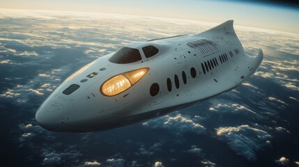 Poster - A futuristic spaceplane glides gracefully through the atmosphere, showcasing advanced propulsion technology during a hypersonic flight above Earth.