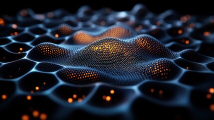 Fototapete - Abstract Close-Up of Dark Undulating Honeycomb Texture with Glowing Orange Nodes, Creating a Three-Dimensional Digital Landscape or Network Design