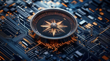Poster - Close-up of a sophisticated compass with a gold rose and metallic casing positioned on an advanced circuit board representing technology and navigation concepts