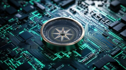 Poster - Close-up view of a classic compass led in intricate circuitry of a technological circuit board symbolizing navigation guidance in the digital realm